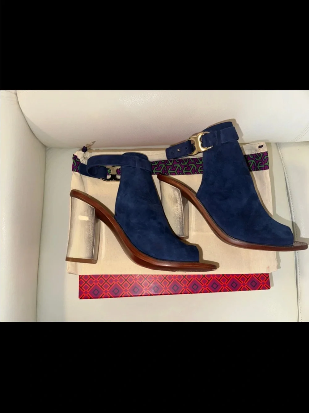 TORY BURCH NAVY SUEDE OPEN TOE BLOCK HEELS
